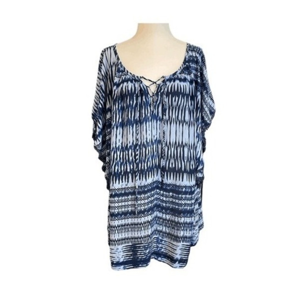 A New Approach Batwing Blouse Blue‎ White Aztec Print Lace Up Short Sleeve 1X